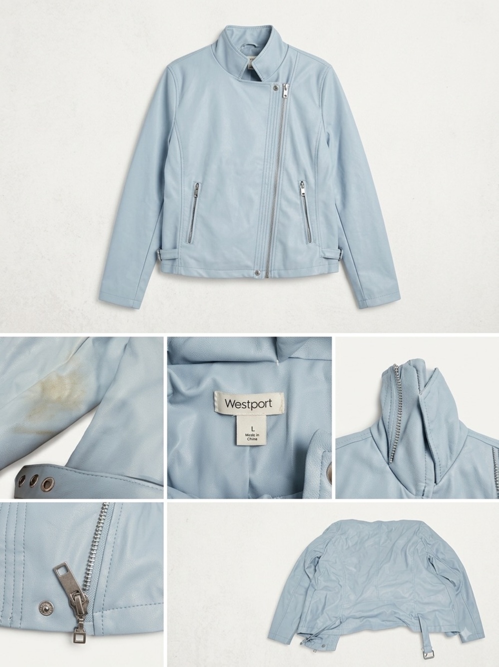 Westport Asymmetrical Faux Leather Moto Jacket - Light Blue - Size Large - Like
